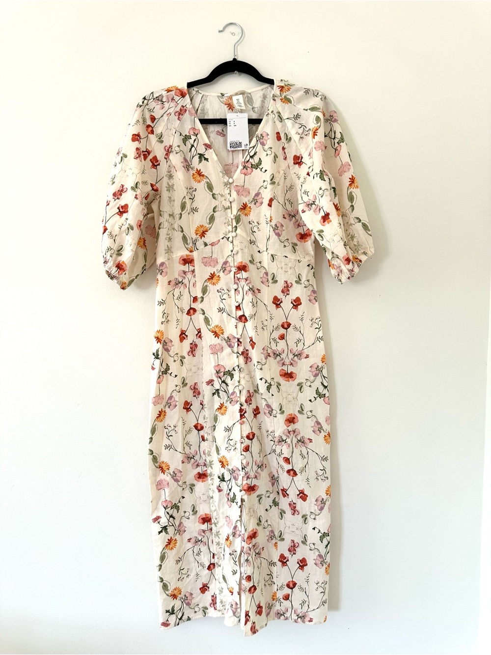 H&M Cream Floral Midi Dress with Green & Orange Print size S - Picture 8 of 8
